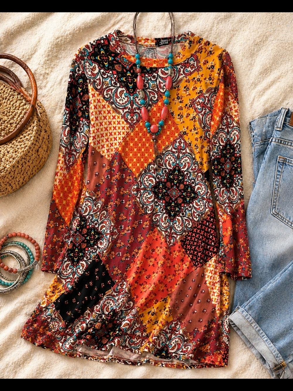 Rebel Sugar Boho Patchwork Tunic Dress L